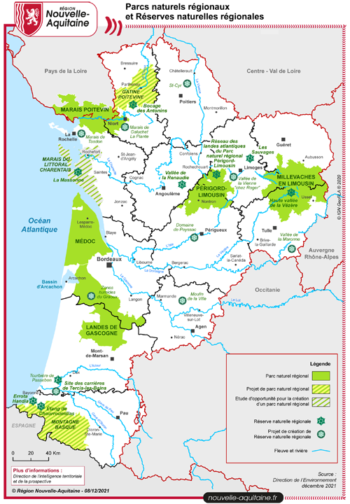 Carte des Parcs Naturels Régionaux (PNR) en Nouvelle-Aquitaine au 8 décembre 2021